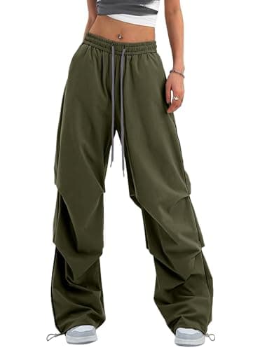 Bakyarder Women’s Y2K Baggy Parachute Pants High Waist Wide Leg Casual Track Pants with Adjustable Drawstring Waist Green XX-Large