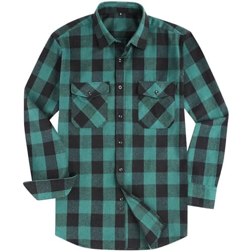 DOKKIA Flannel Shirt for Men Buffalo Plaid Long Sleeve Button Down Casual Jacket (Large, Dark Green Black)