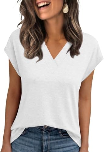 UPOLOLO Womens Cap Sleeve Tops Casual Spring V Neck Short T Shirts Cute Summer Comfort Dressy Outfits 2026 Beach Vacation Clothes Fashion Basic Tee Trendy,White,L