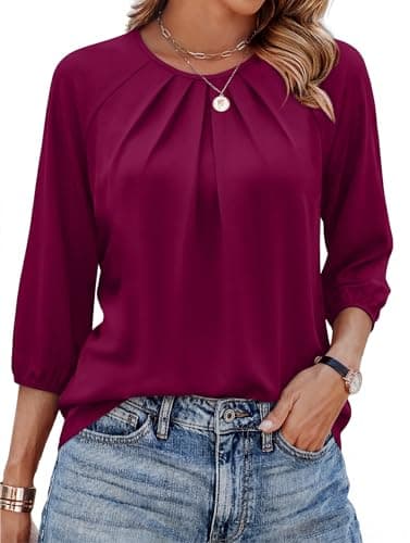 Blouses for Women Dressy Casual 3/4 Length Sleeve Womens Tops Pleated Summer Tops Spring Clothes Crew Neck Plus Size Business Casual Outfits Work Shirts Fall Fashion Clothing 2026 Purple Red 2XL