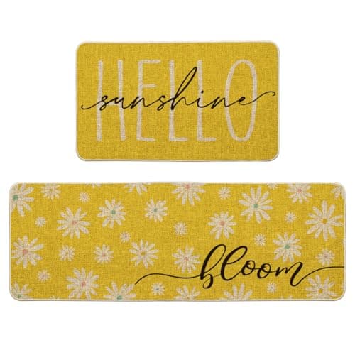 Artoid Mode Yellow Daisy Hello Sunshine Bloom Spring Kitchen Mats Set of 2, Home Decor Low-Profile Kitchen Rugs for Floor - 17x29 and 17x47 Inch