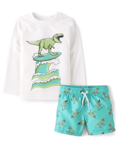 The Children's Place,Baby Boys,and Toddler Long Sleeve Rashguard and Swim Trunks, 2 Piece Set,Surfing Dino,6 Months,9 Months