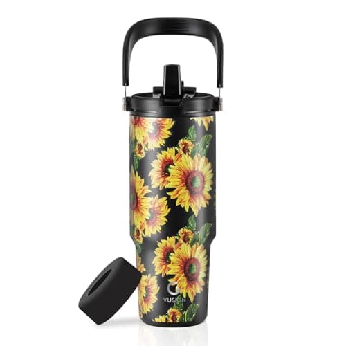 VUSIGN 30 oz Tumbler with Handle and Flip Straw, Stainless Steel Vacuum Insulated Water Bottle Travel Mug Thermal Cup for Home, Office, Car, Outdoors, Sports