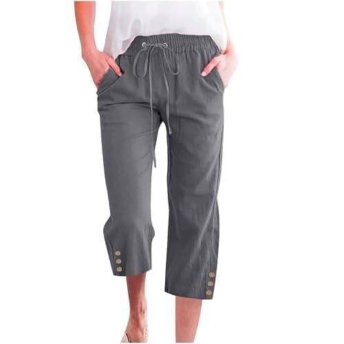 WROLEM Womens Capris Pants High Waist Drawstring Comfy Casual Pants Casua Lightweight Loose Trousers Buttons Trim with Pockets Darkgrey Medium
