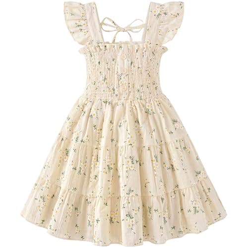 HONGTEYA Toddler Girl Dress Ruffle Sleeveless Princess Dresses, Summer Dress Beach Sundress (US, Age, 6 Years, 7 Years, Beige Daisy)