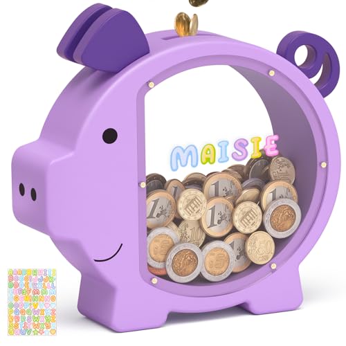 Piggy Bank for Kids Girls,Purple Kids Piggy Bank with Creative DIY Stickers