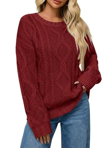 LaGracia Women’s Oversized Cable Knit Sweaters Long Sleeve Pullover Crew Neck Fall Winter Sweater Tops Red XL