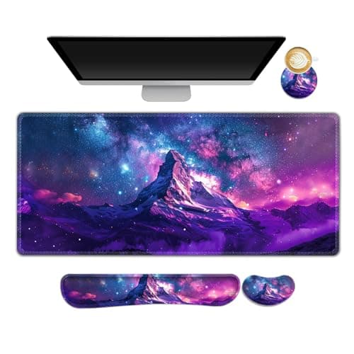 NXZGO Large Gaming Mouse Pad Set, Purple 4 in1 Ergonomics Keyboard Desk Mat with Memory Foam Wrist Rest, Extended Game Mousepad, Non-Slip Desk Pad Matt Easy Typing Pain Relief I Galaxy Mountain