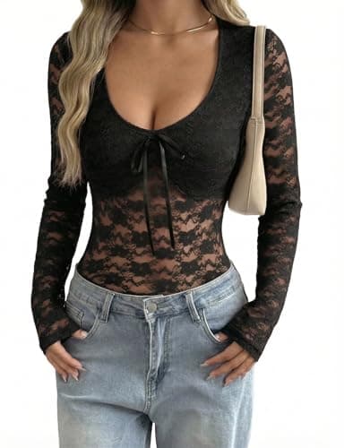 LOMON Womens Going Out Tops Black Lace Long Sleeve Top Mesh Slim Fit Party Shirt(Black 2, Small)