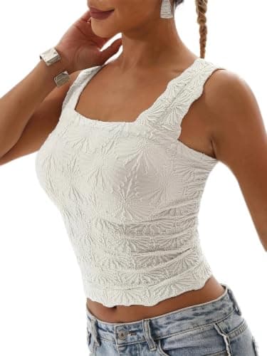 YANVIPERISK Women's Square Neck Tops Slim Fit Sleeveless Wide Strap Crop Tank Tops Lettuce Trim Crop Cami Tops with Floral Jacquard & Lettuce Trim White