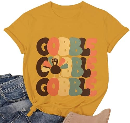 Thanksgiving Shirt for Women Gobble Turkey Graphic T-Shirt Casual Fall Tops