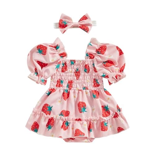 Infant Baby Girls Romper Dress Fruit/Flower Pattern Short Sleeve Ruched Jumpsuit Onesie Clothes Hem Headband (A-Red, 12-18 Months)