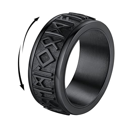Black Viking Rune Spinner Rings for Men Stainless Steel Fidget Rings for Anxiety Stress Relief Band Ring Size 8 Nordic Pagan Amulet Jewelry