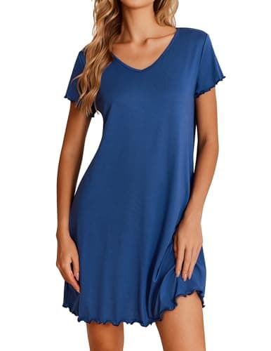 Ekouaer Nightgowns for Women Short Sleeve Sleepshirt V Neck Short Nightshirt Pullover Soft Ruffled Sleepwear Blue M