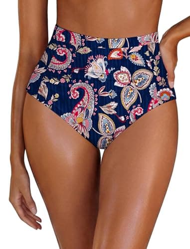 Arolina Women's Navy Blue Print Bikini Bottom Separate High Waisted Tankini Bottoms Ruched Bikini Shorts Full Coverage Swimsuit Bottom Only