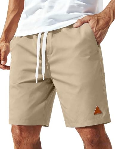 COOFANDY Mens Casual Shorts Summer Drawstring Chino Short 9 Inch Inseam Stretch Golf Shorts with Zipper Pockets (Khaki, Large)