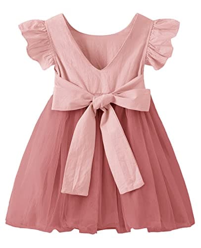 LYXIOF Toddler Baby Girl Tutu Tulle Dress Cotton Linen Ruffle Back Bowknot Princess Party Dresses Dusty Pink 120CM