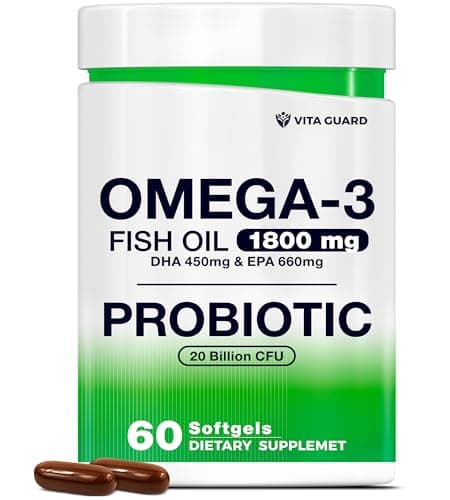 Omega-3 Fish Oil with Probiotics – 1800mg Fish Oil, 660mg EPA, 450mg DHA – Heart, Brain & Gut Support – 20 Billion CFU – Lemon-Flavored Burpless Softgels – Non-GMO, Gluten-Free