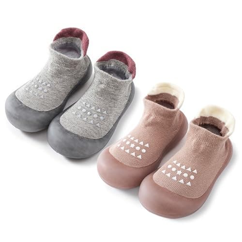 FABRST 2 Pairs Baby Sock Shoes Boys Girls Non Slip Soft Rubber Sole Sneakers Toddler Infant Slip On Slippers First Walking Shoes（A, 2-3Years）