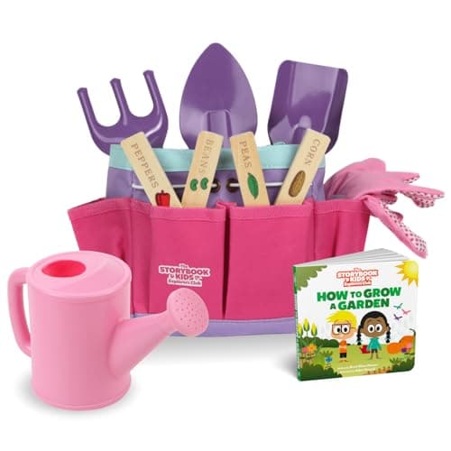 Pink Kids Gardening Tools - Includes Sturdy Tote Bag, Watering Can, Gloves, Shovels, Garden Stakes, and a Delightful Children's Book How to Garden Tale - Kids Garden Tool Set for Toddler Age on up.