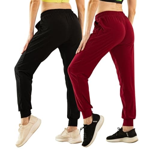 TRIUNION 2 Pack Womens Jogger Pants with Pockets Soft Tapered Joggers Sweatpants for Women Drawstring Lounge Pants,Black/Maroon,Medium