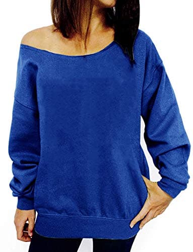 LYXIOF Womens Off Shoulder Sweatshirt Slouchy Pullover Tops Blue S