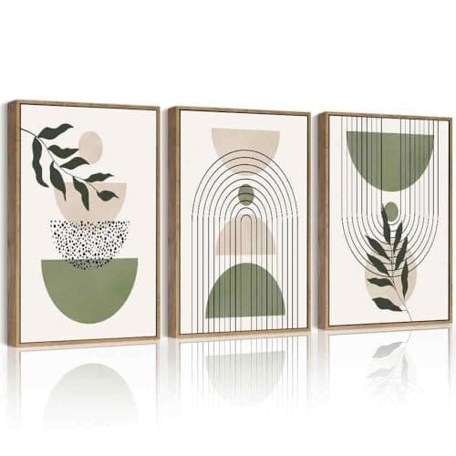 Drsoum Green Botanical Boho Wall Art Framed Modern Sage Bohemian Plant Wall Decor Abstract Geometry Lines Prints Ready to Hang 11x14in Natural Framed