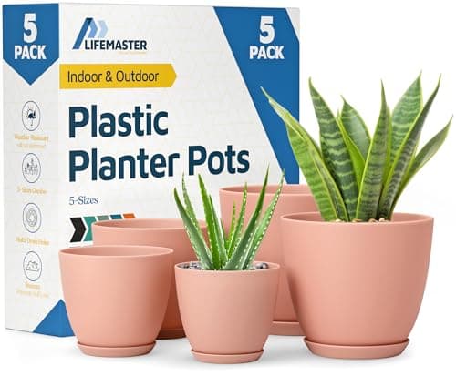 Planter Pots with Drainage Holes - Lightweight, Durable, and Space-Saving Pots for Indoor and Outdoor - Versatile Functionality, Simple Modern Design, Set of 5 Plastic Planter Pots - Pink