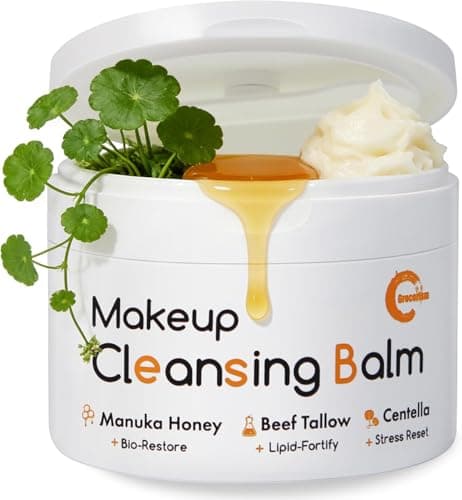 Grocerism Cleansing Balm Makeup Remover, Manuka Honey & Grass-Fed Tallow with Soothing Cica (Centella), Melts Waterproof Mascara & SPF, Non-Comedogenic for Sensitive Dry Skin & Eyes, 3.53 Oz