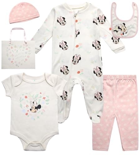 Disney Newborn Baby Girl Boy Clothes - 7 Piece Mickey Mouse Winnie the Pooh Bib Onesie Overall Beanie Pants Gift Bag Gift Set, Size 3-6M, Minnie White/Pink