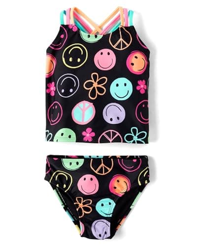 The Children's Place,Baby Girls,and Toddler 2 Piece Tankini Swimsuit,Black Doodle Icons,6 Months,9 Months