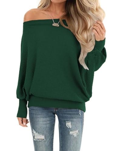 Lacozy Women’s Waffle Knit Off The Shoulder Tops Casual Oversized Long Sleeve Tunic Shirts Pullover Sweaters Blackish Green XL