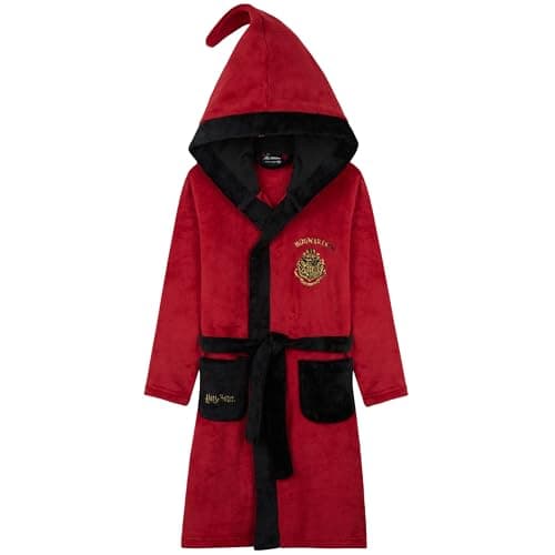 Harry Potter Kids Fleece Robe with Hood and Pockets, Cozy Tie Waist House Robes, Soft Lounge Bathrobe, Gifts for Girls Boys (Red/Black, 13-14 Years)
