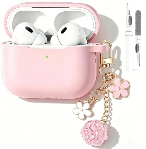 Cute Pink Case for Airpods Pro 3 Cover for Girl Women with Pom pom Flower Keychain & Cleaner Kit, Soft Silicone Protective Skin for Airpods Pro 3rd Generation 2025, Pink