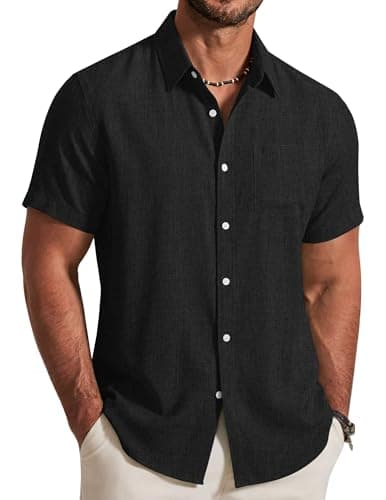 COOFANDY Mens Short Sleeve Stretch Shirts Summer Textured Shirts Button Down Linen Shirt Black