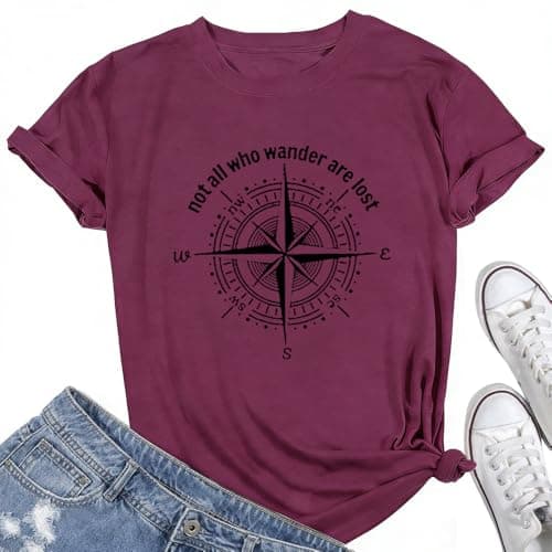 Graphic T-Shirts for Women Hiking Camping Trip Compass Printed Vintage Summer Casual Tees Holiday Workout Tops (Purple, S)