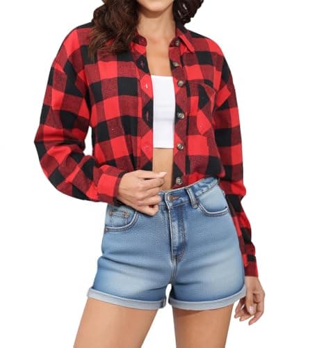 Lacozy Women Buffalo Plaid Flannel Cropped Shirt Button Down Long Sleeve Crop Tops Collar with Pocket Red M