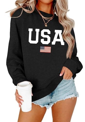 Lacozy Women Long Sleeve Crewneck USA Sweatshirt Loose 4th of July Shirts Pullover Top Fashion Fall Clothes Black XXL