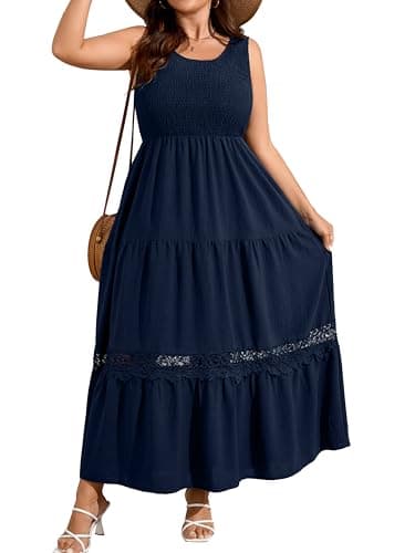 Womens Plus Size Summer Dress 2026 Casual Boho Beach Dresses Navy Blue L