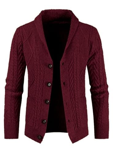 JMIERR Mens Wool Blend Shawl Collar Cable Knit Cardigan Sweater, XL, D Red
