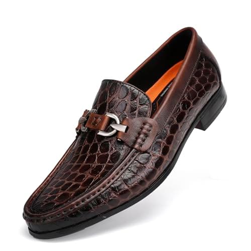 GOLDEN COXES FAMILY Casual Leather Dress Shoes for Men, Premium Alligator Printed Buckle Loafer Business Slip on Penny Loafer Party Wedding Shoes for Mens, Khaki, 8.5
