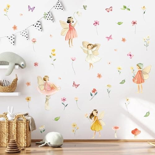 SIKERIC Watercolor Fairy Wall Decals, Removable Butterfly Flower Mushroom Stickers, Vinyl Floral Girl Murals, Peel and Stick Fairy Decor for Nursery, Baby Bedroom, Living Room, Playroom