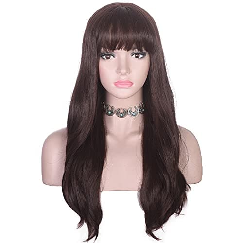 morvally Long Wavy Wig with Bangs for Women Brunette Heat Resistant Synthetic Hair Natural Looking for Daily Use (Ash Brown)
