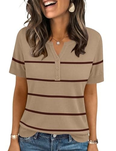 LOMON Sweater Women V Neck Short Sleeve Pullovers Tops Spring Summer Lightweight Knit Henley Button Blouses