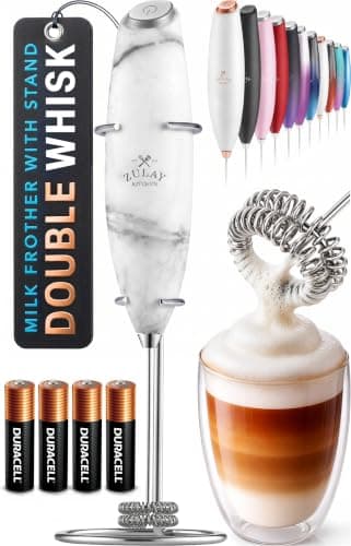 Zulay Kitchen Powerful Milk Frother Wand With Duracell Batteries - Ultra Fast Handheld Drink Mixer - Electric Whisk Foam Maker for Coffee, Lattes, Cappuccino & Matcha - Double Whisk - Quartz