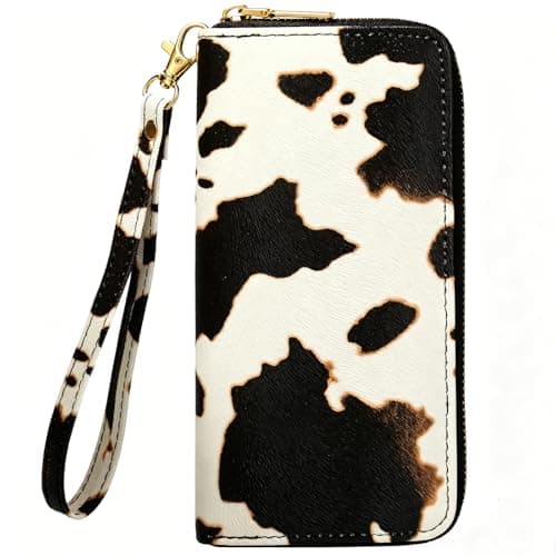Fanwill Cow Print Women's Vegan Leather Clutch Wallet,Zip Around Card Holder Ladies Purse with Hand Strap,Large Capacity
