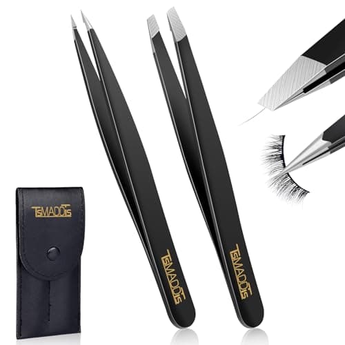 TsMADDTs Slant and Point Tip Tweezers for Women and Men, 2-Pack Professional Stainless Steel Precision Tweezers for Eyebrows, Facial Hair, Ingrown Hair Removal
