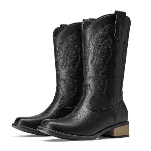 Athlefit Black Cowboy Cowgirl Boots for Women Mid Calf Square Toe Comfortable Chunky Low Heel Mid Calf Boots for Theme Party Country Concert Size 9,SAMB2605W