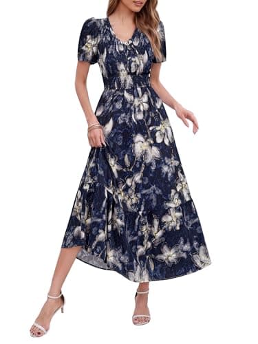 Simplee Womens Boho Summer Floral Maxi Dress Flowy Puff Sleeve Smocked A Line Elegant Wedding Guest Dresses Navy Blue M