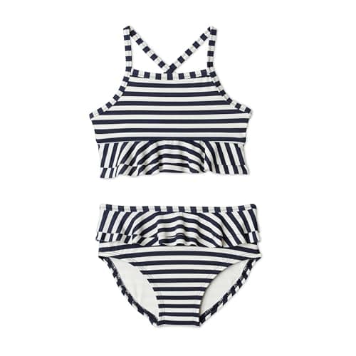 Amazon Essentials X Sofia Grainge Baby Girls' Baby Girls' and Toddler Two Piece Swim Suit, Ivory Navy Even Stripe, 3-6 Months